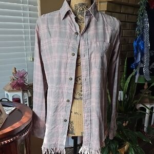 Current/Elliott Pink Plaid Fringe Hem Shirt